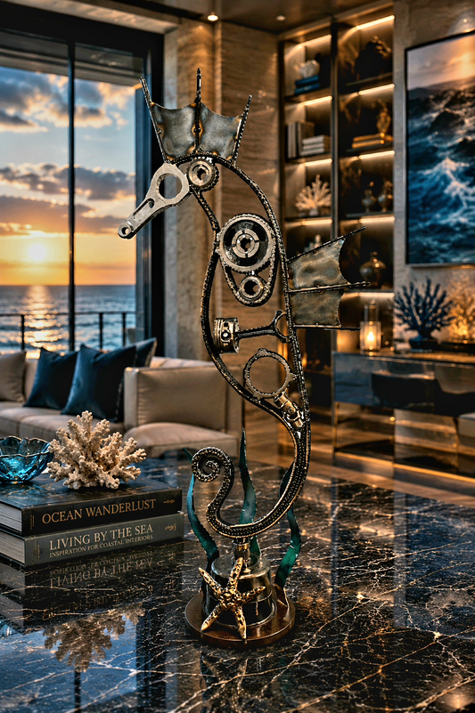 Caballito de Mar, an upcycled scrap metal seahorse sculpture handcrafted by Enrique Del Angel using a reclaimed engine rotor, timing chains, gears, and automotive parts within a welded steel kelp and starfish ecosystem.