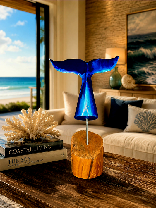 Fluking Around and Finding Out, a welded steel whale tail sculpture finished in translucent blue and mounted on a natural Ebano wood base, handcrafted by Enrique Del Angel.