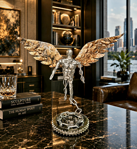 This Angel: Grace Under Fire, a welded steel angel sculpture by Enrique Del Angel featuring torch-burned wings and a torso chained to a heavy automotive gear base.
