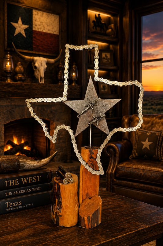 Where the Brass Falls the Lone Star Rises, a 15-inch welded steel Texas map sculpture made of automotive chain and a barbed wire star on an Ebano wood base with shell casings by Enrique Del Angel.