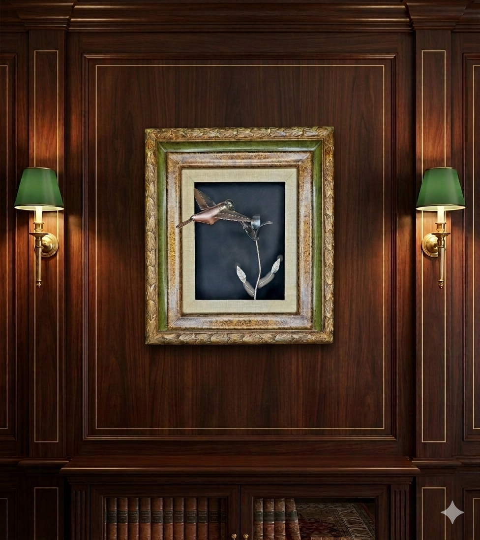 Beyond All Borders is a kinetic scrap metal hummingbird sculpture in a vintage frame, handcrafted from copper and brass by Texas artist Enrique Del Angel.