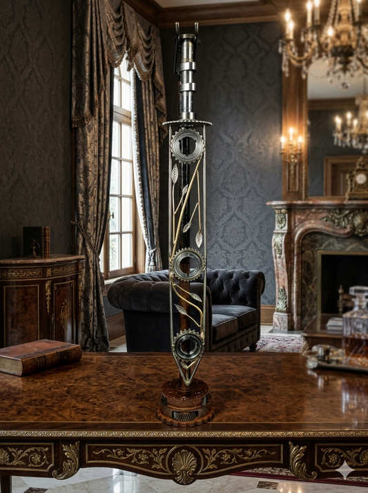 Artemisia’s 1612 Sword, a 36.5-inch welded steel and brass sculpture featuring an automotive camshaft hilt and a climbing brass vine inside a gear-filled blade, handcrafted by Enrique Del Angel.