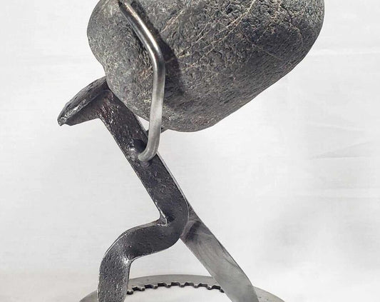 Handcrafted metal Atlas sculpture by Enrique Del Angel, reclaimed steel art for mancave, office, garage, home.