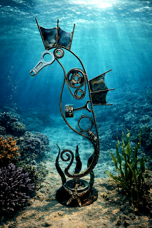 Handcrafted metal seahorse sculpture inspired by marine life, made from reclaimed automotive parts and steel by Enrique Del Angel.