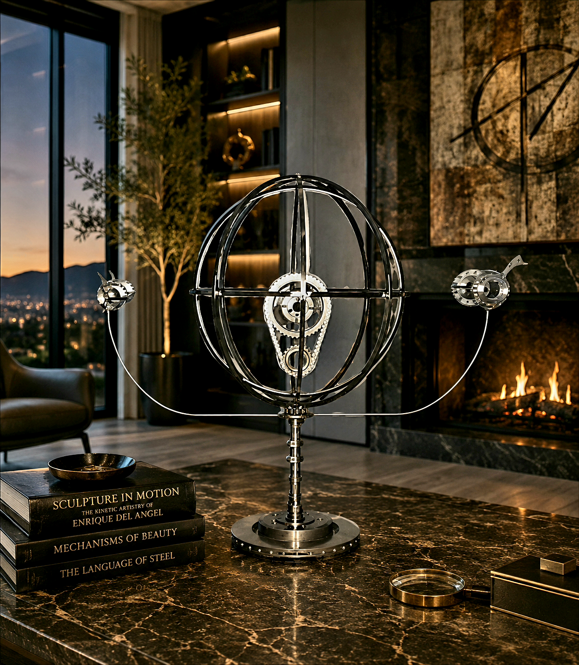 Da Vinci's Mappa Mundi, a custom welded steel armillary globe sculpture featuring an automotive timing chain core and orbiting rockets, handcrafted by Enrique Del Angel.