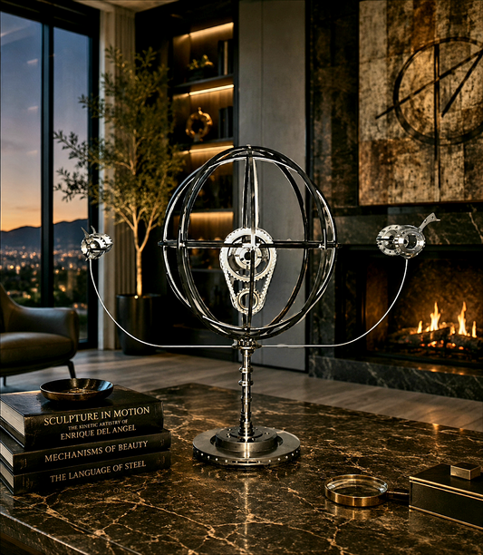 Da Vinci's Mappa Mundi, a custom welded steel armillary globe sculpture featuring an automotive timing chain core and orbiting rockets, handcrafted by Enrique Del Angel.