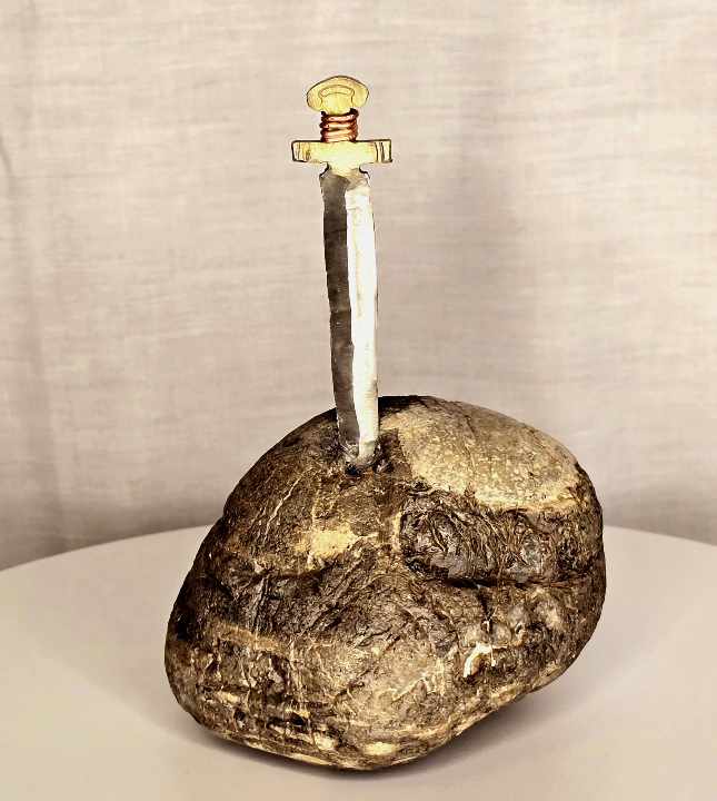 Handcrafted metal Excalibur sword sculpture by Enrique Del Angel, reclaimed steel art for mancave, office, home, garage.