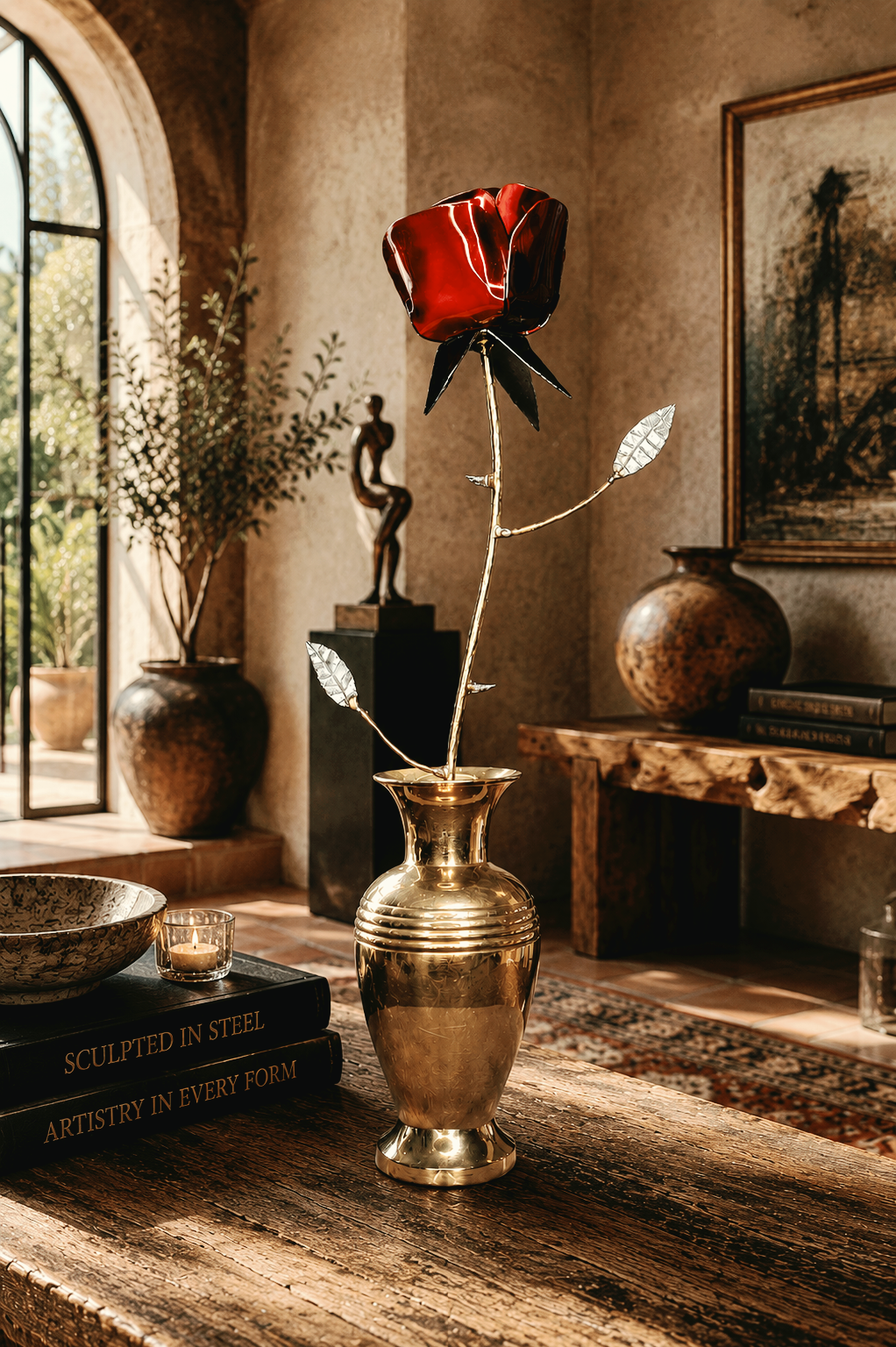 From Weathering Storms Comes a Blossom with Thorns, a 15-inch welded scrap metal rose finished in glossy red, rising from a restored golden brass vase, handcrafted by Enrique Del Angel.