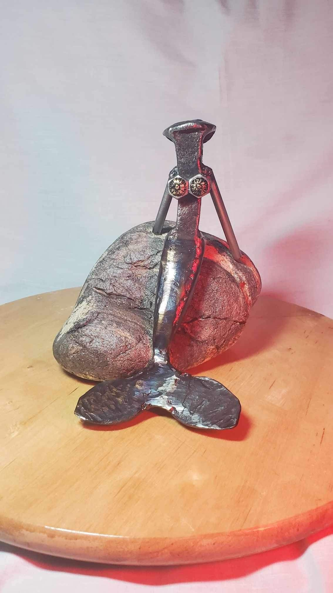 Handcrafted metal mermaid sculpture by Enrique Del Angel, reclaimed steel art for mancave, office, garage, home.