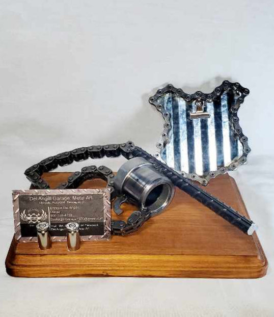 Handcrafted metal law enforcement business card holder by Enrique Del Angel, reclaimed steel desk art