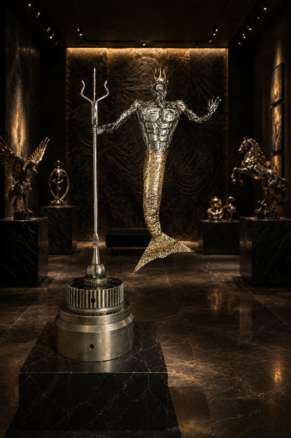 Poseidon: Forged in the Abyss, a handcrafted reclaimed metal sculpture by Enrique Del Angel featuring the Greek god of the sea holding a trident, created from discarded bolts, sheet metal drops, pushrods, nails, and transmission components mounted on an industrial mechanical base.