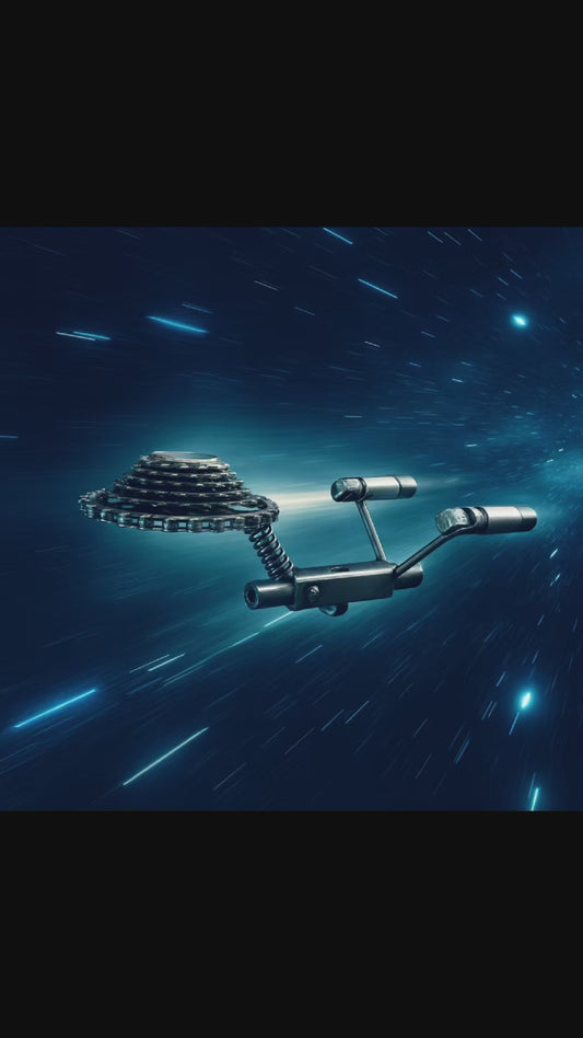 To Boldly Go Where No Man Has Gone Before, an 8.5-inch welded steel rocket ship sculpture handcrafted from upcycled automotive gears and machinery components by Enrique Del Angel.