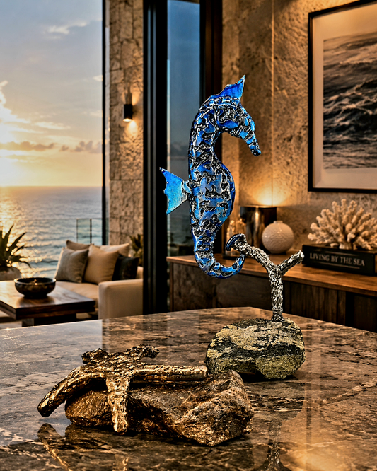 Sal y Fierro, an 8.25-inch welded steel seahorse sculpture handcrafted from reclaimed bolts, pushrods, and silver solder on a natural stone base by Enrique Del Angel.