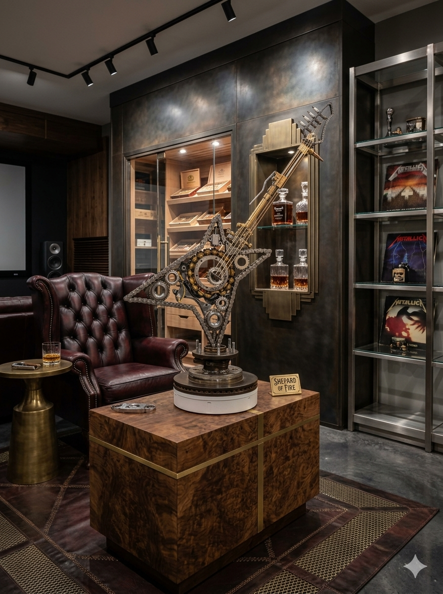 Shepard of Fire, a 41-inch-tall welded steel electric guitar sculpture with a star-shaped chain body and spark plug tuning pegs by Enrique Del Angel, staged on a concrete counter in a luxury man cave.