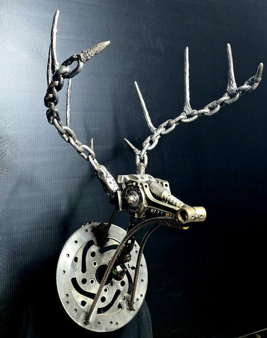 The Beast welded steel deer sculpture by Enrique Del Angel handcrafted from upcycled auto parts and bicycle chains