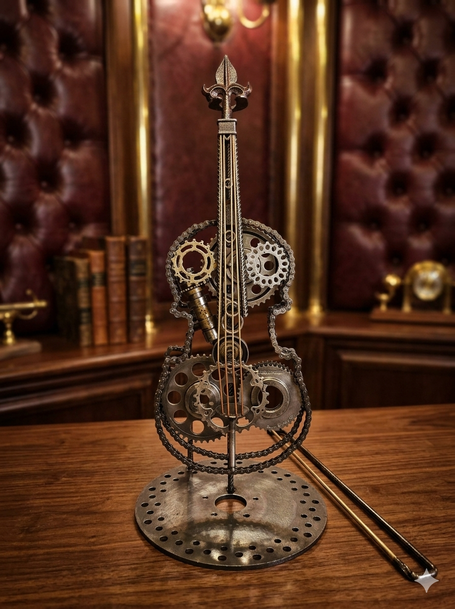 The Violin, a life-sized welded steel musical sculpture by Enrique Del Angel featuring an automotive chain frame and internal industrial gears, staged on a mahogany desk in a luxury office.
