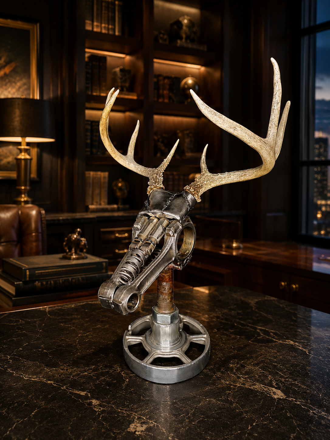 Torque and Tines, a 20.5-inch welded steel deer skull sculpture by Enrique Del Angel, staged on a dark marble desk inside a luxury executive office background.