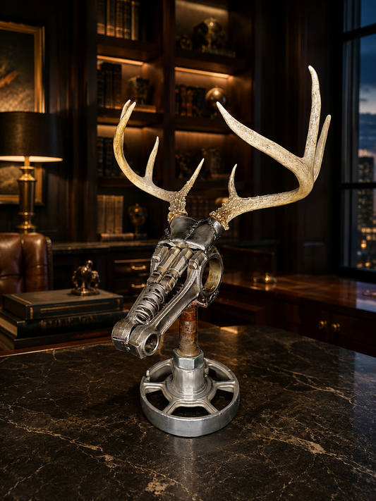 Torque and Tines, a 20.5-inch welded steel deer skull sculpture by Enrique Del Angel, staged on a dark marble desk inside a luxury executive office background.
