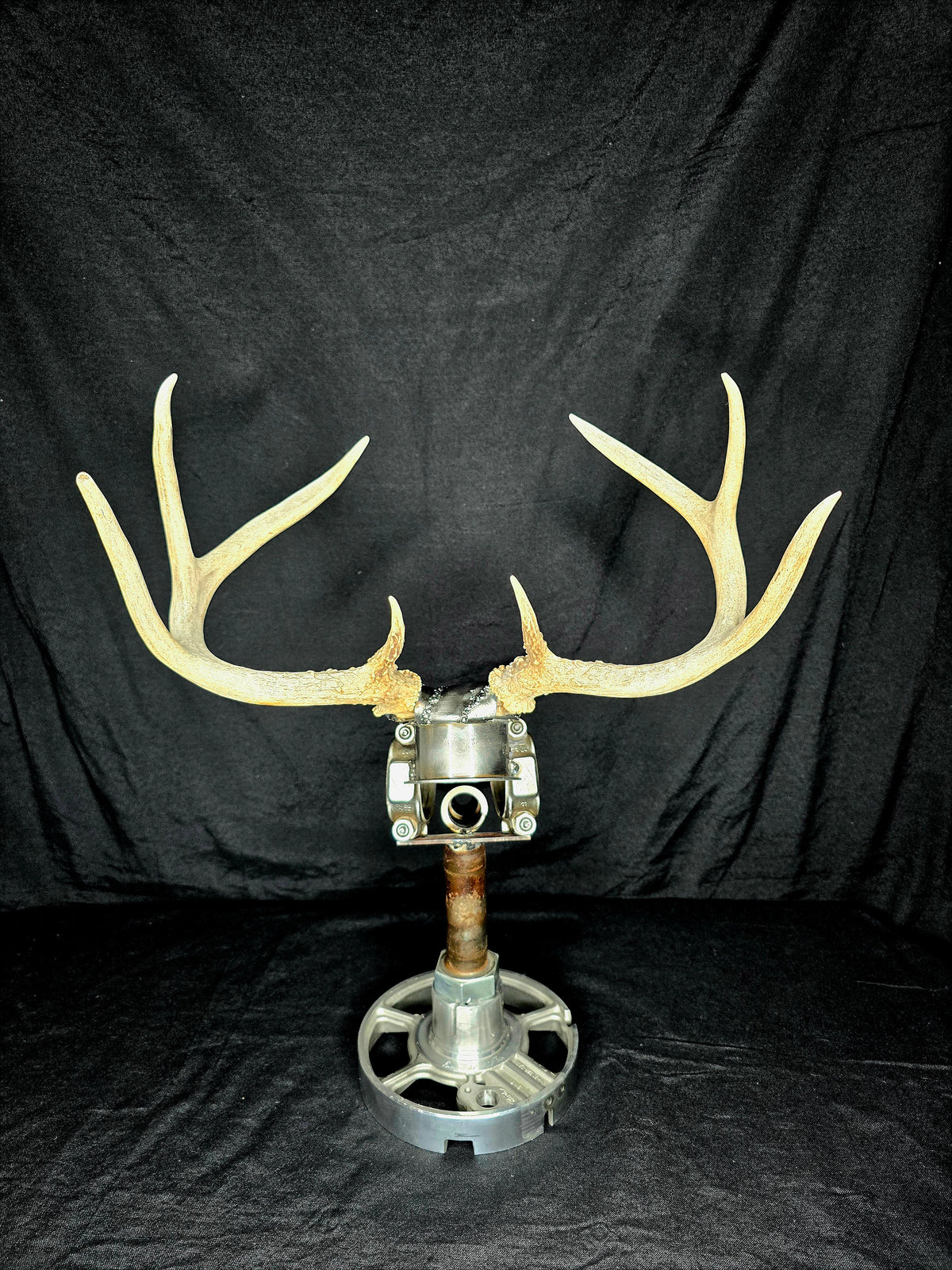 Torque & Tines sculpture by Enrique Del Angel: deer antlers atop industrial metal skull on pulley wheel base.