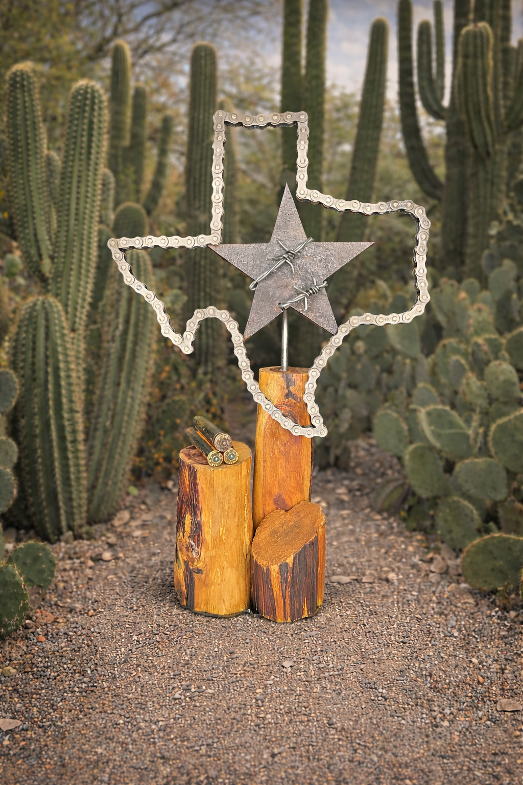 Handcrafted Texas metal sculpture featuring spent brass shells, barbed wire, and the Lone Star, made from reclaimed steel by Enrique Del Angel.