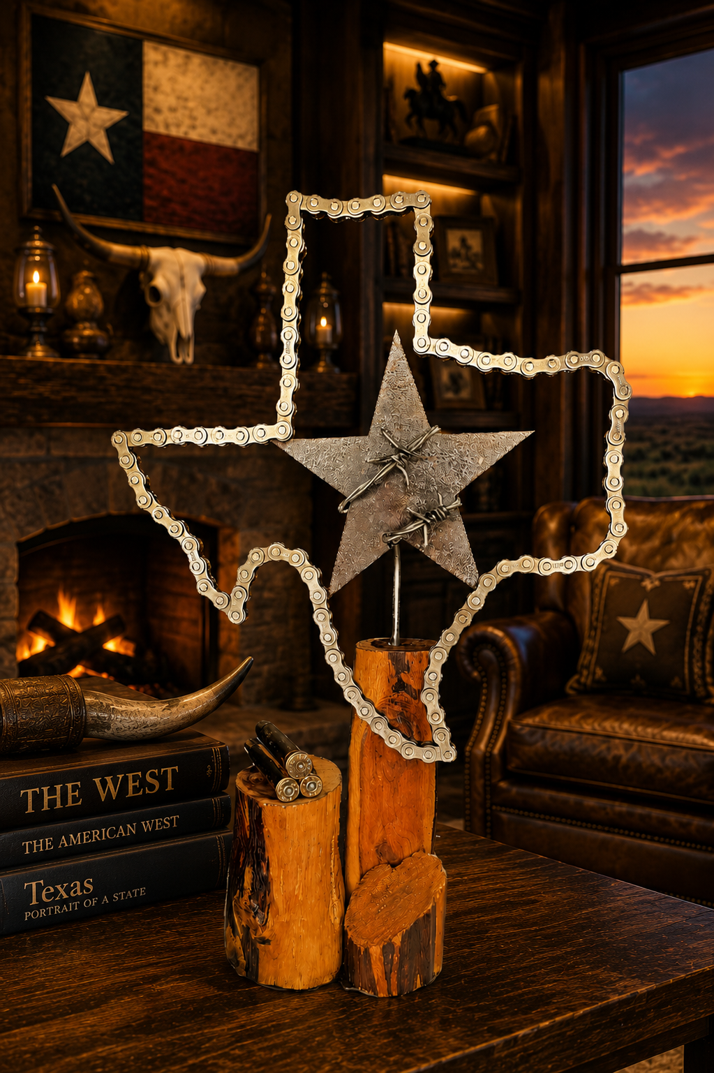 Where the Brass Falls the Lone Star Rises, a 15-inch welded steel Texas map sculpture made of automotive chain and a barbed wire star on an Ebano wood base with shell casings by Enrique Del Angel.