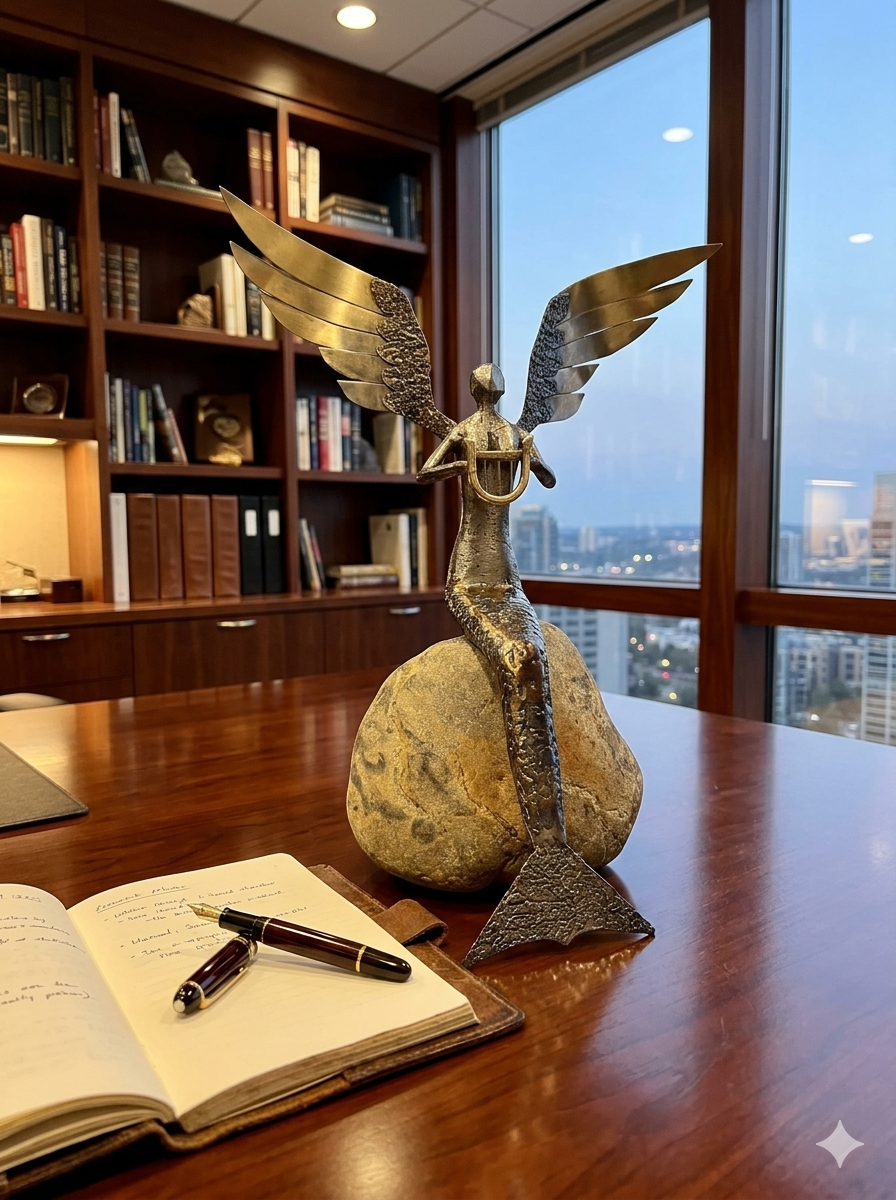 Gold-toned winged figurine with circular base, sitting on a desk in an office