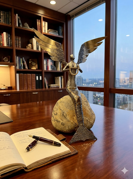 Gold-toned winged figurine with circular base, sitting on a desk in an office